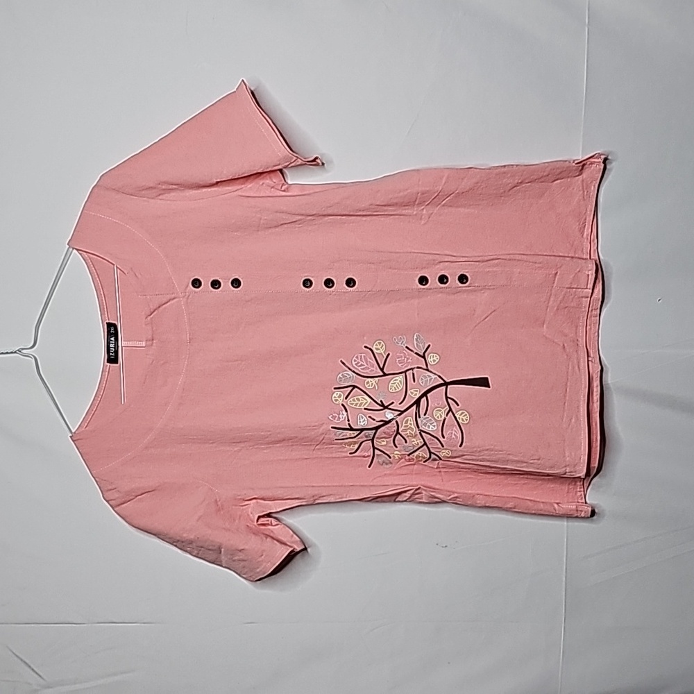 Izuria pink button accent tree design short sleep scoop beck top shirt sz LG
